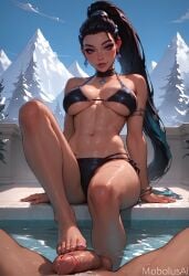 ai_generated bikini bikini_bottom bikini_top breasts choker cum cumming feet feet_focus female foot_fetish footjob k/da_all_out_kai'sa k/da_all_out_series k/da_series kai'sa league_of_legends legs looking_at_viewer mobolusai ponytail pool poolside purple_eyes standing_on_penis teasing