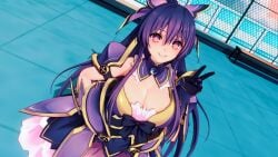 3d 3d_(artwork) armored_dress big_breasts blush breasts cleavage date_a_live light-skinned_female long_hair looking_at_viewer purple_eyes purple_hair solo solo_female thighs yatogami_tohka