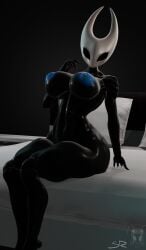 bed big_breasts big_thighs black_body blender bug_girl commission female_focus hollow_knight hornet_(hollow_knight) imminent_sex solo_female stupidroach