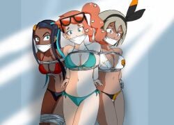 2d 2d_(artwork) 3girls arms_behind_back bea_(pokemon) blue_eyes bondage bound bra dark-skinned_female dark_skin female female_focus female_only gag gagged gagged_female game_freak glasses headband human human_only light-skinned_female light_skin looking_at_viewer nessa_(pokemon) nintendo panties pokemon sonia_(pokemon) submissive submissive_female thick_thighs thighs uncomfortable uncomfortable_bondage