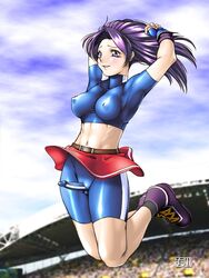 athena_asamiya belt breasts erect_nipples erection fat_mons futanari gloves intersex jumping king_of_fighters large_breasts long_hair penis purple_eyes purple_hair skirt smile snk socks stadium tenis_shoes