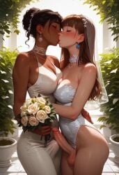 2futas ai_generated big_breasts brown_hair erection flowers futa_on_futa futa_with_futa futanari garden interracial jewelry kissing wedding_day wedding_dress wedding_veil