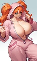 1girls ai_generated arms_up colossal_breasts cosplay crossover crossover_cosplay huge_breasts juri_han_(cosplay) kosine1777 kosineverse massive_breasts meggy_(kosine1777) muscular_female naked_onesie nipple_peek open_clothes open_onesie orange_eyes orange_hair original original_character pink_onesie street_fighter street_fighter_6 toned_female top_heavy twintails