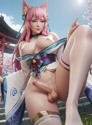 ahri ai_generated big_ass big_breasts blush bottomless erect_penis erection futanari grass half_naked japanese_clothes japanese_female juilessyn kemonomimi league_of_legends long_sleeves medium_penis nipples one_leg_up outdoors outside pink_hair spirit_blossom_ahri spirit_blossom_series stairs standing sunlight testicles thick_thighs thighhighs