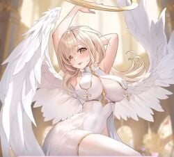 angel big_breasts blonde_hair female female girl halo hands_behind_head hands_up tales_of_angels wide_hips wings