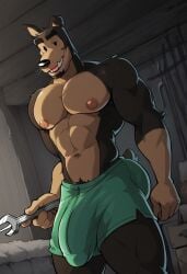 1boy 8bitghosts abs ai ai_generated anthro big_bulge big_chest big_dick big_penis buddy_thunderstruck_(character) canine furry male male_only muscular_male pecs solo solo_male underwear wrench