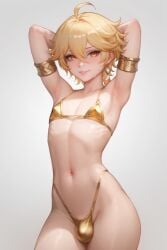 acw aether_(genshin_impact) ai_generated bikini blonde_hair femboy gold_bikini