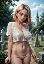 ai_generated graveyard helpful_science light-skinned_female looking_at_viewer panty_pull see-through_clothing smile teenager two_colored_hair