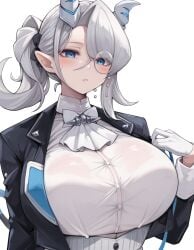 ai_generated arias_the_labrynth_butler blue_eyes blush butler clothing demon_girl duel_monster female huge_breasts looking_at_viewer solo squirtle0007 voluptuous white_background white_hair yu-gi-oh!