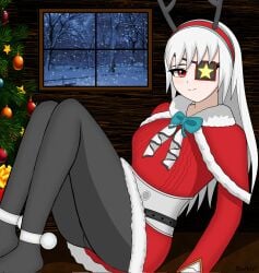 antlers black_pantyhose eyepatch fortnite pantyhose red_eyes reina_(fortnite) santa_costume tagme