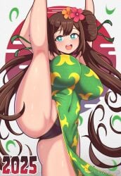 1girls 2025 :d alternate_costume armpits black_leotard blue_eyes blush breasts bright_pupils brown_hair cameltoe china_dress chinese_clothes creatures_(company) curvy double_bun doughnut_hair_bun dress falling_leaves flower flower_on_head game_freak gen_5_pokemon gold_trim hair_between_eyes hair_bun hair_flower hair_ornament hair_ribbon highres holding_leg large_breasts leaf leg_up leotard long_hair looking_at_viewer mischiefmiz new_year nintendo one_leg_raised open_mouth paid_reward_available patreon_username pokemon pokemon_bw2 ribbon rosa_(pokemon) scale scale_print serperior serperior_(cosplay) simple_background smile solo split standing standing_on_one_leg standing_split sun teeth thick_thighs thighs twintails very_long_hair white_pupils wide_hips