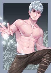 abs beefy blue_eyes branches brown_pants dreamworks dreamworks_animation jack_frost jack_frost_(rise_of_the_guardians) male_only maorenc muscular muscular_male paramount_pictures rise_of_the_guardians snow_power snowflake snowflakes solo solo_male underwear_band v-cut white_hair