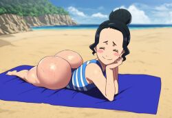 ai_generated ass ass_focus beach beach_towel big_ass big_butt black_bulls_uniform black_clover black_hair blush bubble_ass bubble_butt charmy_papittoson closed_eyes dumptruck_ass dumptruck_butt fat_ass fat_butt female female_only green_eyes hair_bun midget short_hair shortstack smug sweat sweaty sweaty_butt swimsuit towel zeca997