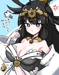 1girls anger_vein angry big_breasts black_eyes black_hair crown huge_breasts konpee long_hair navel the_battle_cats