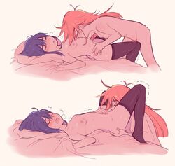 2girls antenna_hair arched_back bed blue_hair closed_eyes cunnilingus flip_flappers foreplay hand_on_ass hand_on_stomach hot_breath kokomine_cocona motion_lines multiple_girls nude open_mouth orange_hair papika_(flip_flappers) pleasure_face pubic_hair sheet_grab small_breasts thighhighs trembling white_background yuri