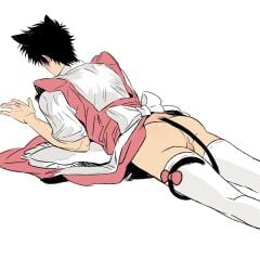 apron ass ass_focus backsack balls black_hair blush bottomless bubble_butt cat_ears cat_tail catboy gintama hijikata_toshiro male male_only no_panties no_underwear no_visible_face on_stomach sapomu4 sleeves_rolled_up solo thighhighs white_legwear white_thighhighs