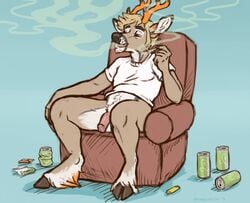 2016 anthro antlers balls blue_background blue_eyes body_hair bottomless brown_fur can cervine chair chewycuticle clothed clothing daylo deer drugs flaccid fur happy_trail hooves horn humanoid_penis lighter male male_only mammal marijuana penis pink_penis pubes shirt simple_background smoking solo t-shirt