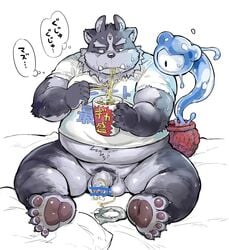 balls eating food male male_only noodles paws penis ramen slightly_chubby tokyo_afterschool_summoners tsathoggua