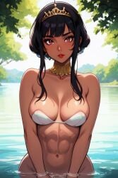 1girls ai_generated bottomless convenient_censoring dark-skinned_female dark_skin hourglass_figure indian indian_clothes indian_female lake solo solo_female water