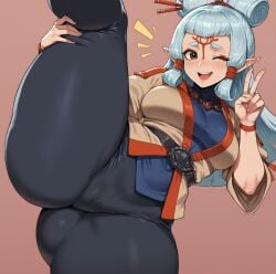 ai_generated bare_thighs big_breasts blue_hair braided_hair brown_eyes elf elf_ears elf_female huge_breasts huge_thighs light-skinned_female light_skin long_hair looking_at_viewer massive_breasts nintendo paya_(the_legend_of_zelda) pussy_visible_through_clothes smiling smogai solo_female squatting stretching sweat sweatdrop the_legend_of_zelda:_tears_of_the_kingdom thick_body thick_female thick_thighs thighhighs thighs voluptuous voluptuous_female