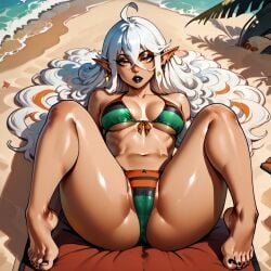 ai_generated beach elf elf_ears feet fit fit_female legs legs_spread medium_breasts oc pan_african_colors pointy_ears sea tan_body voloeil white_hair