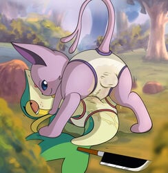 absurdres ass backsack balls blue_eyes briefs bulge duo eeveelution espeon feral frottage green_body highres knife lying male nintendo on_back outdoors pink_body pokemon pokemon_(species) raised_tail sex snivy stepping_on_tail tree tricksta underwear urine watersports wetting wood yaoi