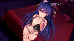 3d bed bedroom belly belly_button big_ass blush breasts date_a_live light-skinned_female lingerie long_hair looking_at_viewer purple_eyes purple_hair solo solo_female thick_thighs thighs yatogami_tohka