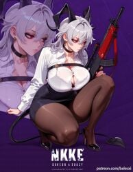 ai_generated assault_rifle balecxi black_horns breasts choker cleavage demon_girl demon_horns demon_tail earrings female grey_hair gun high_heels jewelry kalashnikov_rifle long_hair pantyhose pencil_skirt purple_background red_eyes skirt thighs weapon wuthering_waves zani_(wuthering_waves)