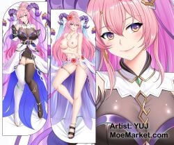 asymmetrical_legwear black_thighhighs breasts cleavage dakimakura_(medium) feet female fire_emblem fire_emblem_heroes gloves goat_horns hair_between_eyes highres horns legs nerthuz_(fire_emblem) pink_hair sandals thighhighs toenails toes yuj_(moemarket)