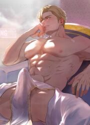 1boy abs alternate_costume bara blonde_hair bulge commentary crouton256 erection erection_under_clothes facial_hair green_eyes highres large_pectorals lewis_smith looking_at_viewer male_focus muscular muscular_male nipples parted_lips pectorals pelvic_curtain short_hair sideburns_stubble sitting solo stubble topless_male watermark yuuki_bakuhatsu_bang_bravern