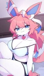 big_breasts cute devil-vox furry furry_female furry_only nintendo pokemon short_shorts smiling smiling_at_viewer sylveon white_fur