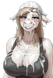 after_blowjob after_sex ai_generated bandana black_hair blue_eyes cum_everywhere cum_in_cleavage cum_in_hair cum_in_mouth cum_on_breasts cum_on_clothes cum_on_face cum_on_tongue draft_horse excessive_cum eyeshadow female furry furry_female furry_focus furry_only large_breasts long_hair looking_at_viewer solo_female