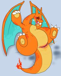 armpits bahamutgreen charizard cloaca closed_eyes cum_in_pussy dragon dripping_pussy embarrassed looking_away lying_on_back lying_on_bed peeing pokemon pokemon_(species) sweat wings