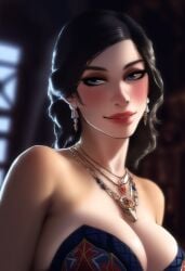 ai_generated big_lips black_hair blue_eyes clean earring eyeshadow female female_only jewelry large_breasts makeup medieval medieval_clothing medieval_fantasy seductive seductive_eyes seductive_look seductive_mouth seductive_smile sfw solo tagme thick_lips