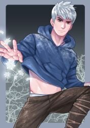 blue_eyes blue_hoodie branches brown_pants hoodie_lift jack_frost jack_frost_(rise_of_the_guardians) male_only maorenc rise_of_the_guardians snow_power snowflake snowflakes solo solo_male underwear_band v-cut v-line white_hair