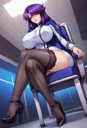 ai_generated big_ass big_breasts big_butt big_hips curvy curvy_figure from_below huge_breasts kangoku_senkan kikia1 legs_crossed lieri_bishop lilith-soft looking_down patreon purple_hair short_hair sitting_on_chair tagme tagme_(artist) taimanin_(series) wide_hips