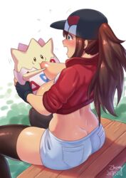 1pokemon back baseball_cap big_breasts blush breast_sucking breasts brown_hair female female_protagonist_(pokemon_go) green_eyes hat human interspecies nipples open_clothes open_mouth open_shirt pokemon pokemon_go pokephilia ponytail shirt shorts size_difference thighhighs togepi what zheng