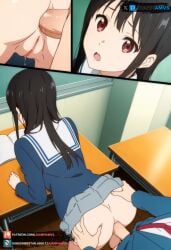 3_panels ai_generated beyond_the_boundary black_hair female grabbing_ass_while_penetrating juanpiamvs kyoukai_no_kanata long_hair nase_mitsuki patreon patreon_username penetration red_eyes school_uniform sex sex_on_table small_breasts subscribestar subscribestar_username watermark zoomed_view