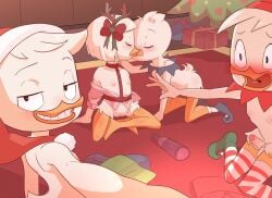 antler_headband blush blushing bondage bound christmas christmas_outfit crossed_legs dewey_duck disney ducktales ducktales_(2017) gift_wrapped grin huey_duck incest inminent_sex kissing louie_duck pink_nipples ribbon small_breasts topless_female webby_vanderquack wrapped wrapped_up