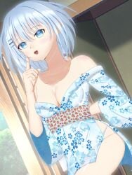 2d 2d_(artwork) ass blue_eyes breasts cleavage date_a_live light-skinned_female medium_breasts short_hair solo solo_female thighs tobiichi_origami white_hair yukata