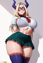 abs ai_generated arms_behind_back artist_name blonde_hair blush boku_no_hero_academia bra breasts crop_top female green_skirt high_resolution highres horns large_breasts long_hair looking_to_the_side mask midriff mount_lady my_hero_academia navel panties pleated_skirt red_eyes school_uniform see-through serafuku shirt skindentation skirt solo stable_diffusion sweatdrop thick_thighs thighhighs thighs underwear waifuscans418