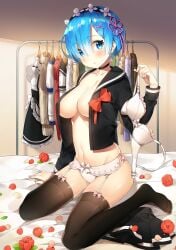 apron ayamy bare_belly bed bed_sheet belly_button big_breasts black_thighhighs blue_eyes blue_hair blush breasts choker cleavage collarbone feet garter_belt garter_straps hair_ornament indoors lingerie maid_headdress no_bra open_clothes panties parted_lips re:zero_kara_hajimeru_isekai_seikatsu rem_(re:zero) shiny_skin short_hair thighhighs toes underwear unworn_bra unworn_skirt wariza white_panties