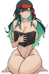black_hair braided_bangs cersea_soulstorm chromashift covering_breasts earring green_eyes green_flames green_hair hand_between_legs headband high_waisted_thong hip_squish hourglass_figure in2naps long_hair mostly_nude necronomicon on_knees ouch_meme seductive_look smiling_at_viewer thick_thighs virtual_youtuber