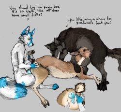 anthro anthro_on_feral anthro_penetrating anthro_penetrating_feral bodily_fluids canid canine canis cum dialogue double_penetration fellatio female feral feral_on_feral feral_penetrated feral_penetrating forced fox from_behind_position genital_fluids genitals group jeffusherb male male/female mammal oral penetration penile penile_penetration penis penis_in_mouth penis_in_pussy predator/prey rape sex spitroast talking_feral trio vaginal_penetration vaginal_penetration wolf zoophilia