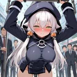 ai_generated altina_orion arms_up blush eiyuu_densetsu female fucking_machine green_eyes hands_up hoodie large_breasts long_hair long_sleeves nipple_bulge nipples nipples_visible_through_clothing outdoors outside pale-skinned_female pale_skin people_in_background public solo_female thight_clothing vaginal_penetration white_hair