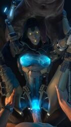 1girl2boys artificial_vagina ash_(apex_legends) bodily_fluids breasts dark-skinned_male dick_on_face dzooworks holding_legs nipples robot_girl sex vaginal_penetration vaginal_sex white_skin