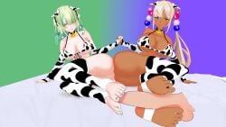 1boy 2girls animated ceres_fauna cowprint double_footjob feet foot_fetish footjob holding_hands hololive hololive_english smug smug_face tagme tsukumo_sana video video_games virtual_youtuber vtuber