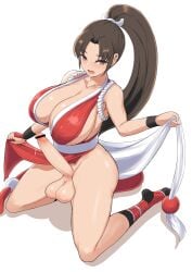 1futa balls breasts brown_hair clothed clothing erection fatal_fury futa_only futanari huge_cock human king_of_fighters kneeling light-skinned_futanari light_skin mai_shiranui mostly_nude penis solo ubanis