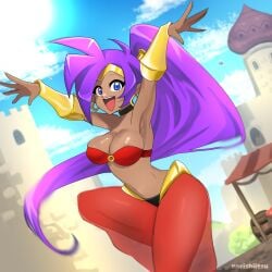 1girls areola_slip blue_eyes breasts earrings eyelashes genie harem_pants navel norishiitsu on_one_leg outdoors pointy_ears ponytail pose purple_hair shantae shantae_(character) smile