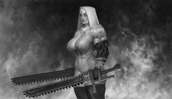 abs absurdres adepta_sororitas breasts chainsaw dual_wielding elbow_gloves english_commentary female fleur-de-lis gloves habit highres holding justsomenoob large_breasts looking_at_viewer makeup mascara muscular muscular_female purity_seal runny_makeup signature smoke solo thick_thighs thighs veins veiny_arms warhammer_40k